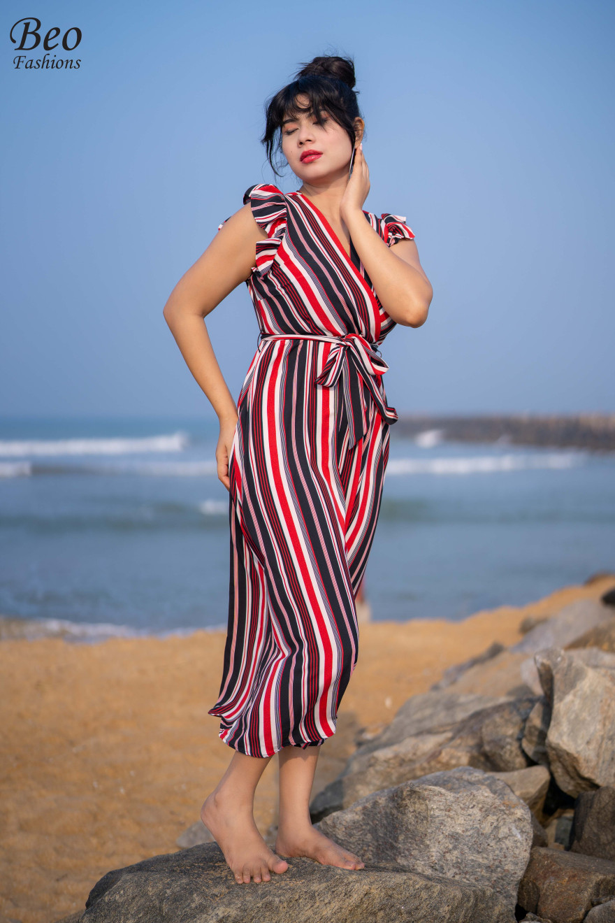 Ruffle Sleeve Multi Color Stripe Dress