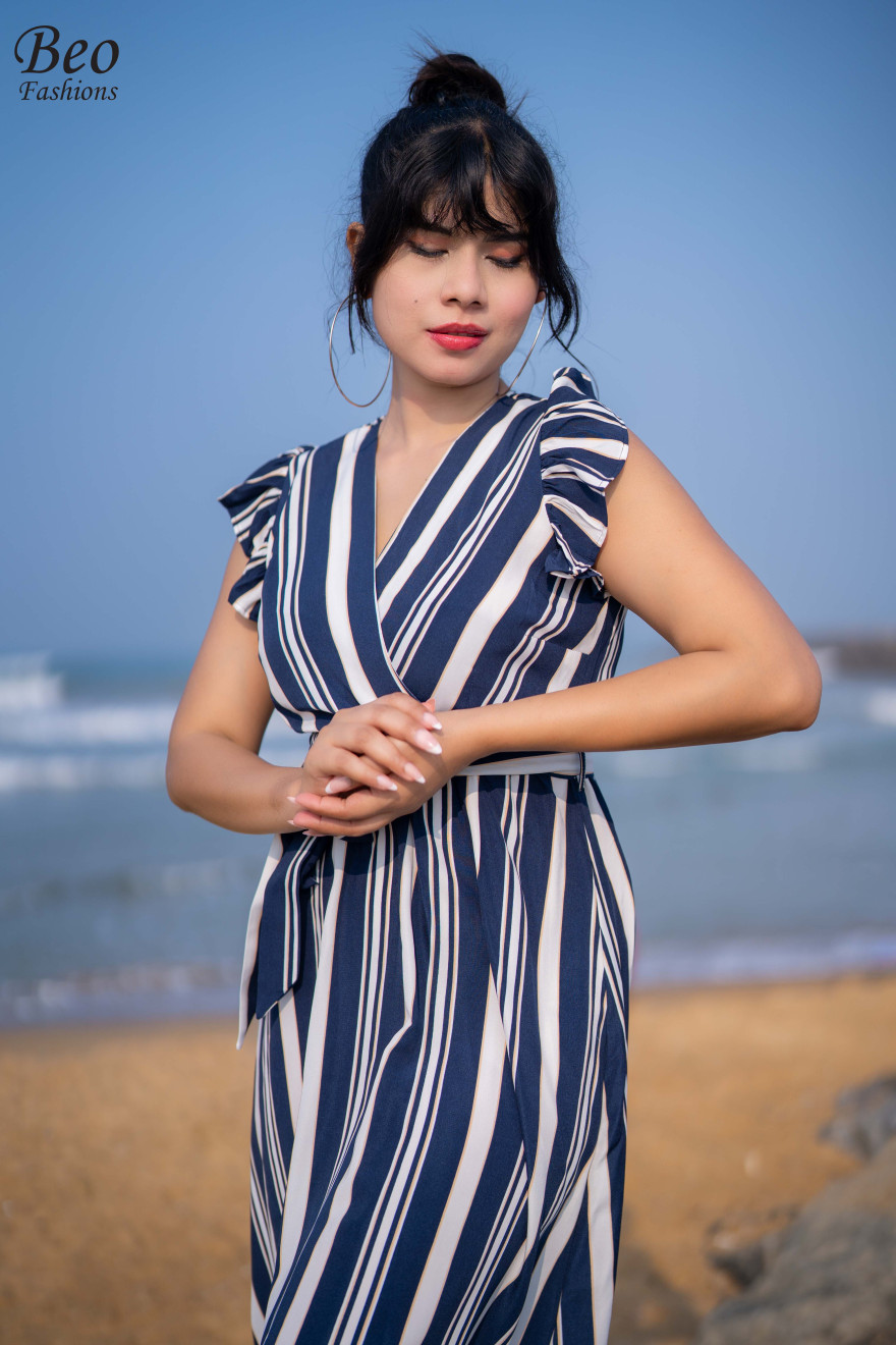 Ruffle Sleeve Blue Stripe Dress